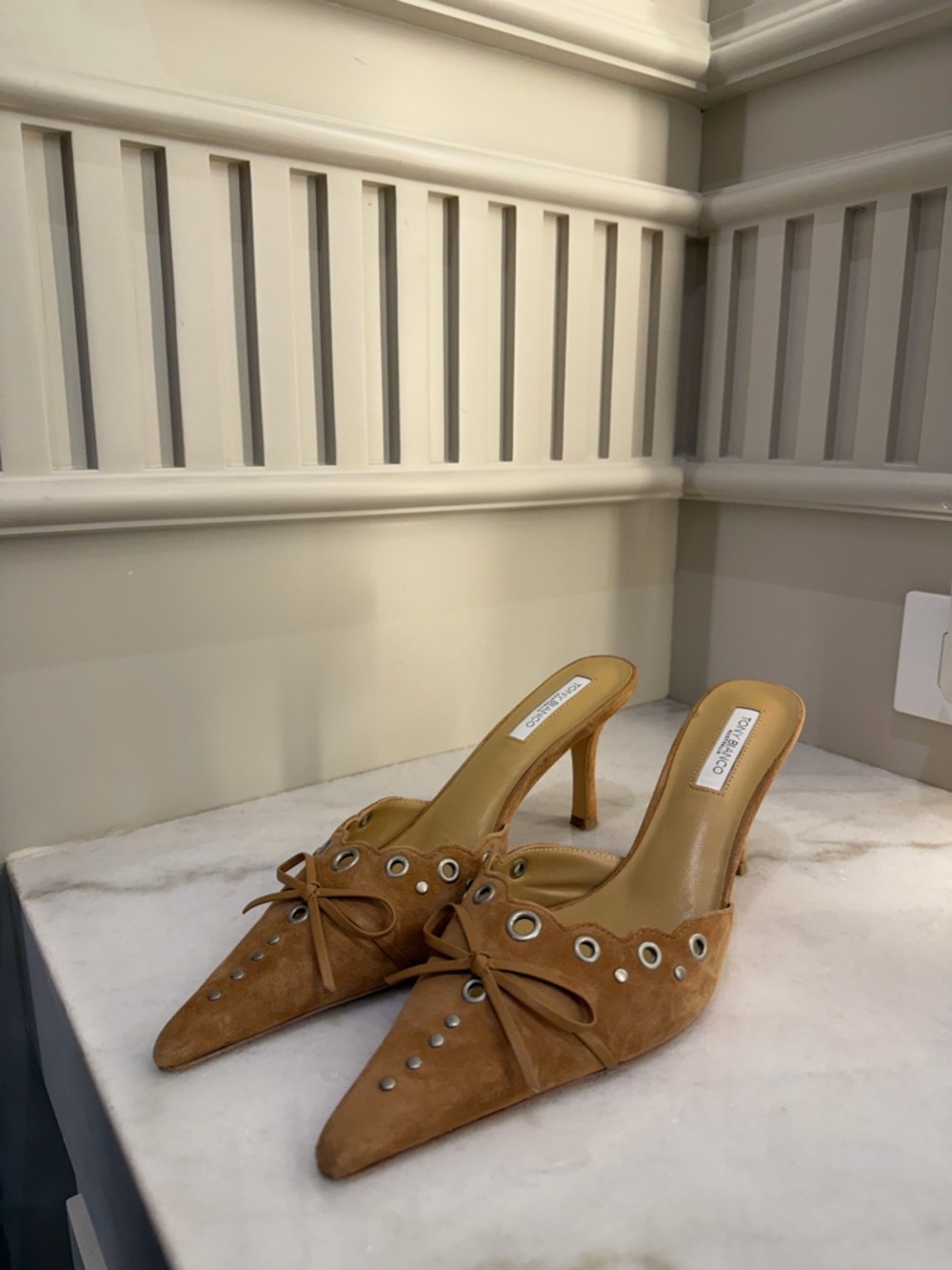 Tony Bianco Tan Suede Pointed Mule with Bow & Grommet Detail - Picture 2 of 7